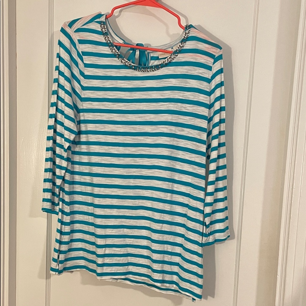 Chico's Teal and White Striped Long Sleeve Top